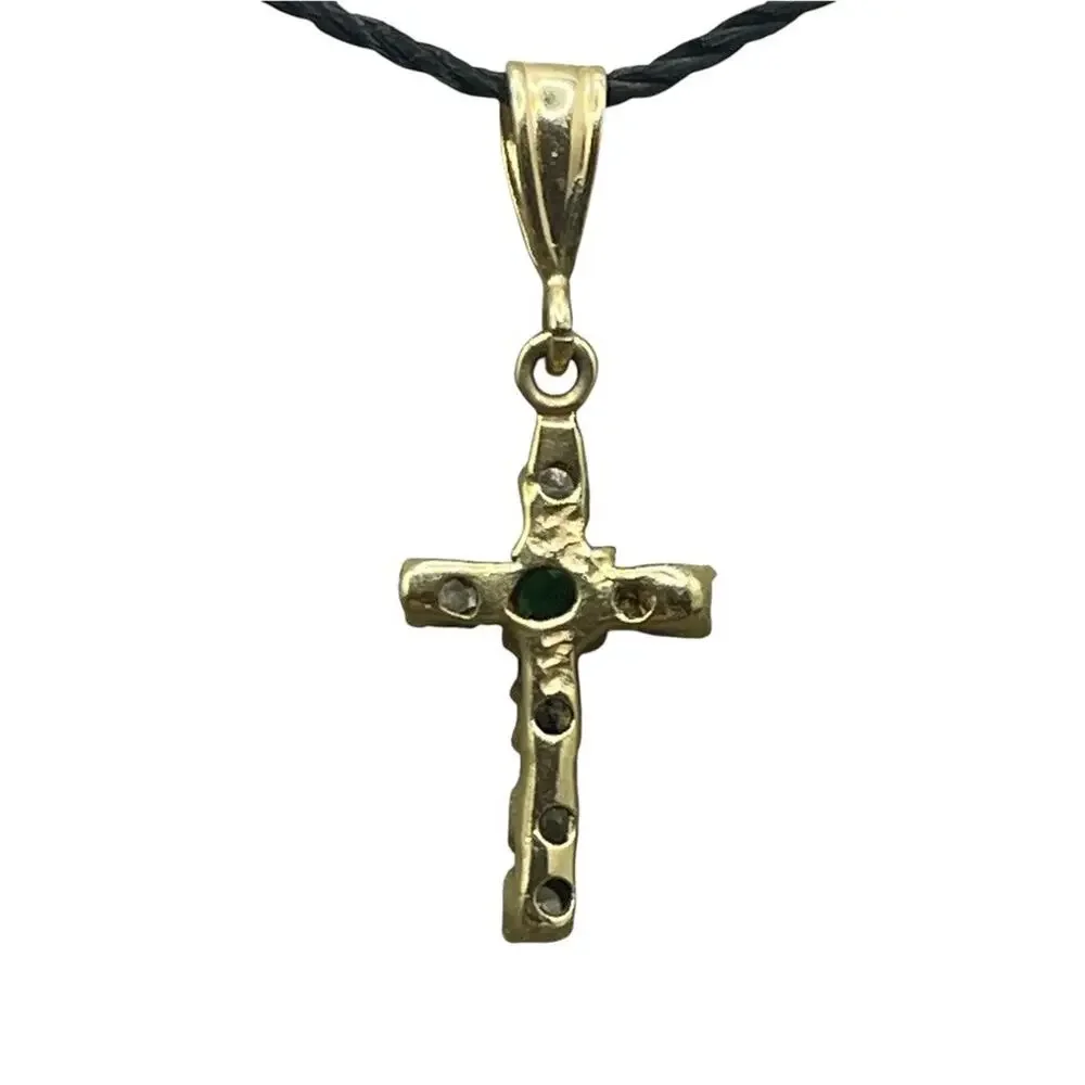 14K Yellow Gold Diamond & Green Stone Mini Cross Charm Pendant (26421)